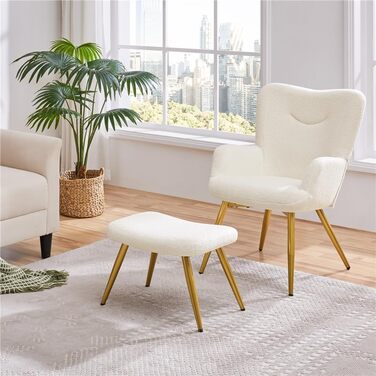 Крісло-навушник Yaheetech з пуфом з тканини Boucle, крісло для відпочинку з підставкою для ніг, розкладне крісло для вітальні/спальні, колір слонова кістка