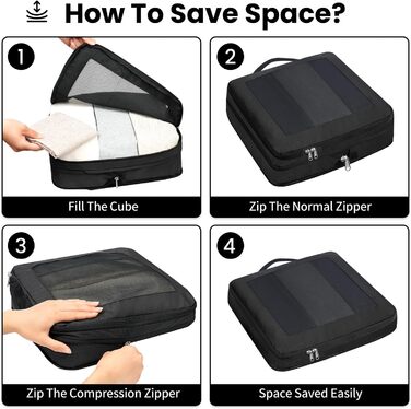 Набір компресійних органайзерів для подорожей з сіткою, розширювані пакувальні куби для одягу в валізу, чорний, 6 шт.