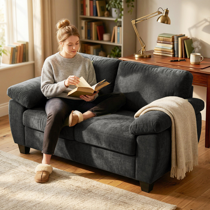 Двомісний диван, 156 см, м'який честерфілд з товстими пружинними подушками, широкими м'якими підлокітниками, вантажопідйомність 300 кг, темно-сірий