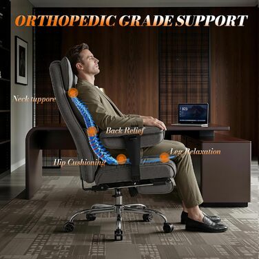 Офісний крісло Efomao XXL до 200 кг, важке, тканинне, з підставкою для ніг, ергономічне для комп'ютера з високою спинкою, похиле для дому/офісу, з товстою м'якою оббивкою (Сірий)