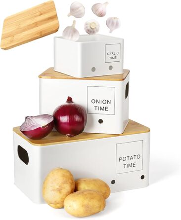 Набір контейнерів для зберігання картоплі, цибулі та часнику Lannvan [3 шт.] - білий. З вентиляційними отворами, зберігає овочі свіжими.