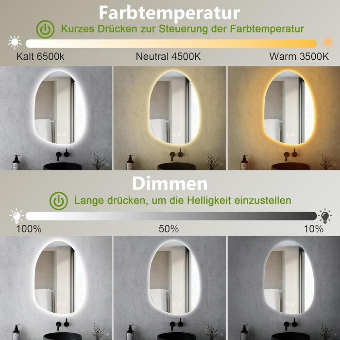 LED дзеркало для ванної кімнати з підсвічуванням, 70 x 50 см, холодний білий (6000K), енергозберігаюче, диммер, антизапар