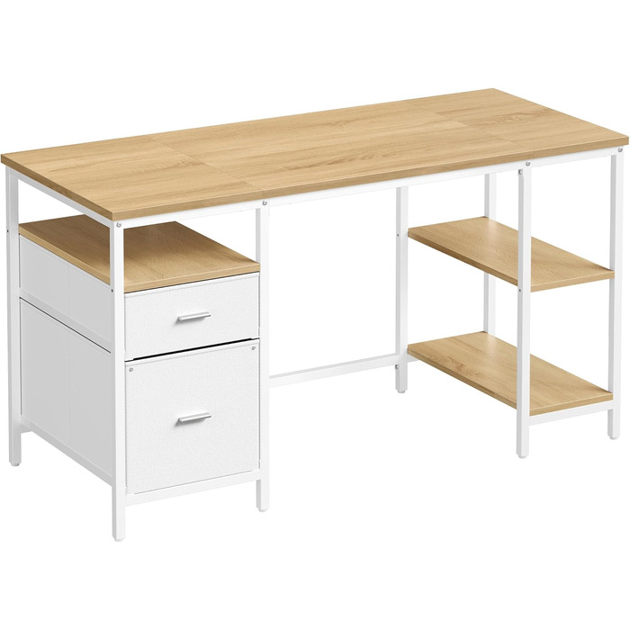 Комп'ютерний стіл VASAGLE з 3 полицями та 2 ящиками, 140 x 60 x 76 см, для офісу та вітальні, сучасний стиль, колір: natureichenfarben + perlweiß