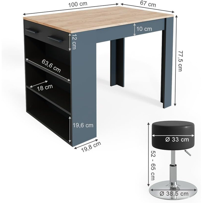 Набір обіднього столу Vicco Repose з 2 барними стільцями, 67x100 см, антрацит/дуб Голдкрафт