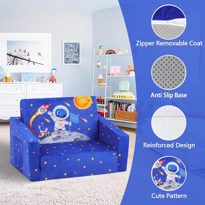 Дитяче крісло-диван 2 в 1 з тканиною, що складається, та неслизьким подушкою, для спальні, вітальні, ігрової кімнати (Астронавт)