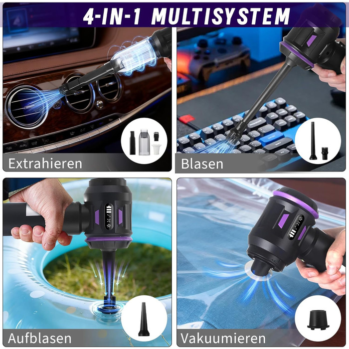 Акумуляторний ручний пилосмок Citybee 4 в 1, бездротовий міні-пилосмок для авто та дому, 25000Па, безщітковий двигун, 3 режими потужності, для шерсті тварин (Фіолетовий)