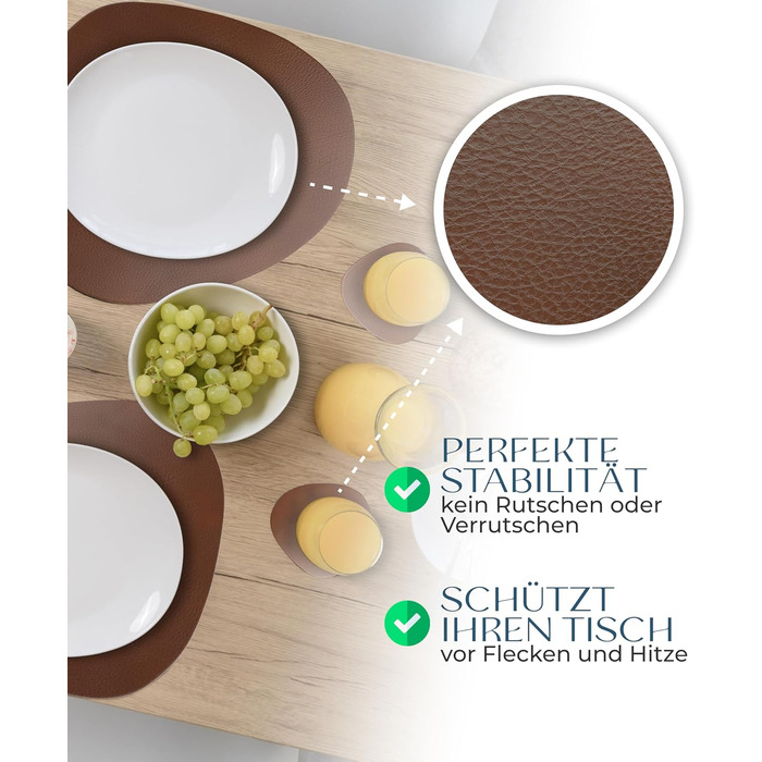 Набори серветок на стіл, 4 шт. – екологічні, стабільні та неслизькі – з преміальної еко-шкіри, Made in Germany (сучасний дизайн), темно-коричневий колір