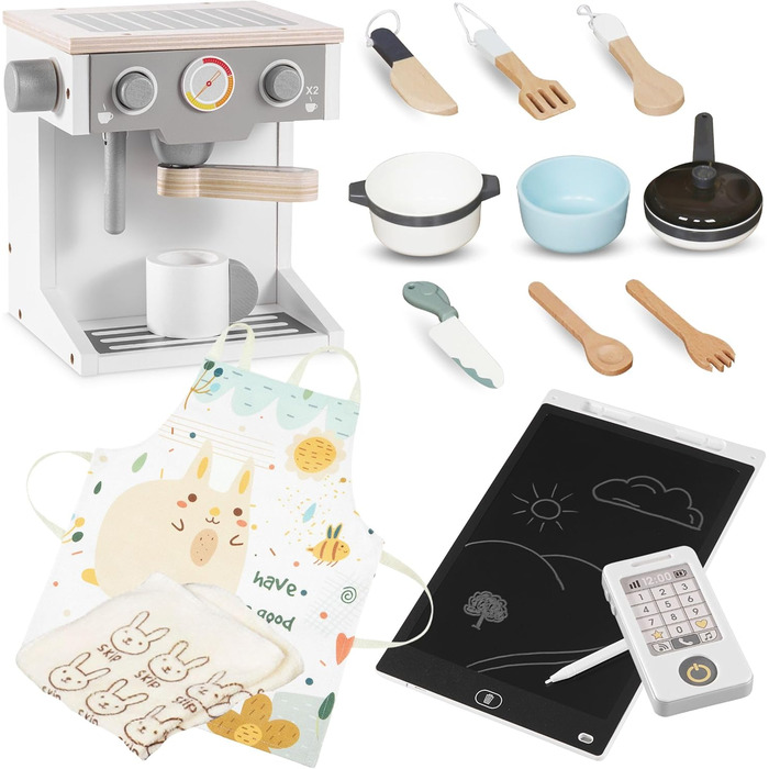 Дерев'яна кухня Мамабрум XXXL з LED-підсвічуванням та диспенсером для кубиків льоду - дитяча кухня з аксесуарами (мікрохвильова піч, посуд, столові прибори) для дітей 3+