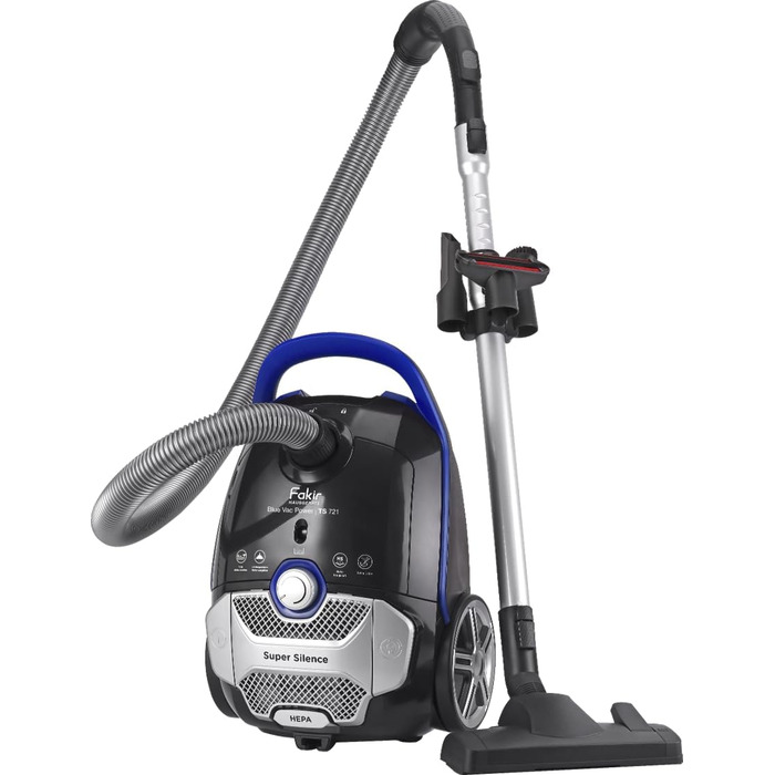Пилсос Fakir Blue Vac Power TS 721 з мішком, 800 Вт, з кабелем, HEPA фільтр H14, тихий двигун 69dB(A), мішок 3л, радіус дії 12м, чорний/блакитний