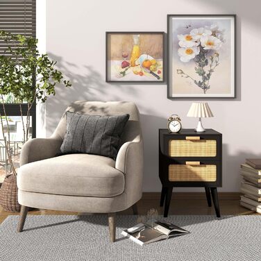 Журнальний столик з ротангу, чорний колір, з 2 висувними ящиками, стиль бохо, для вітальні та спальні