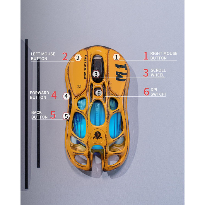 Миша ігрова GravaStar Mercury M1 Pro, 26000 DPI, 4K частота опитування, сенсор PAW3395, 88г, Bluetooth/2.4G/провідне підключення, RGB, 5 програмованих кнопок, Gradient Black (Yellow)