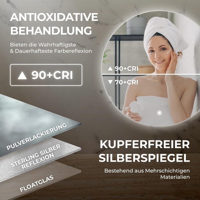 Дзеркало для ванної кімнати BR Bringer LED кругле 80см з підсвічуванням, антизапарюванням, регулюванням яскравості, 3 кольори світла, сенсорне управління та функція пам'яті (BRRS201)