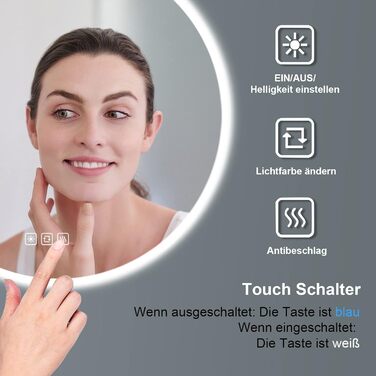 Дзеркало для ванної кімнати Furduzz LED з підсвічуванням, 700 мм, сенсорне керування, диммування, 3 кольори, проти запотівання, пам'ять, 70x70 см