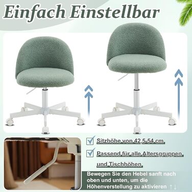 Офісне крісло Bonnlo з роликами, регульована висота, для робочого кабінету, спальні, home office, обшите тедді, білий (зелений)