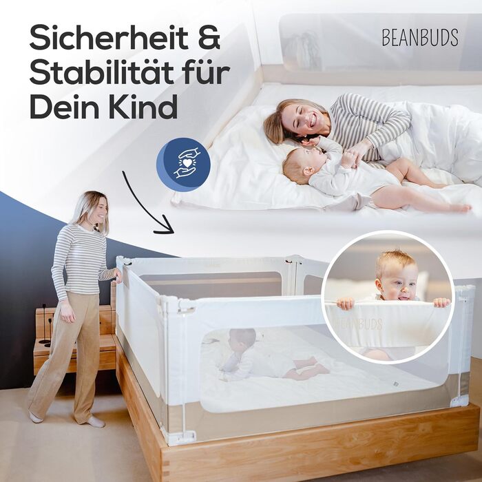 Захисний бортик для ліжка BEANBUDS® 200 см, бежевий - захист від випадання для дитячого та батьківського ліжка, з ременями для кріплення (1 сторона)