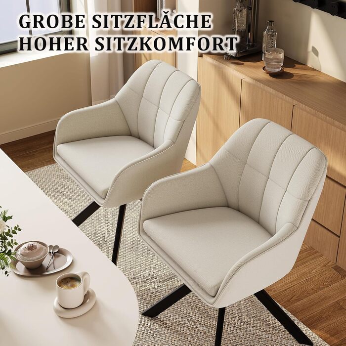 Набір з 2 обертових стільців для їдальні/кухні, бежевий, з підлокітниками, поліестер, металеві ніжки