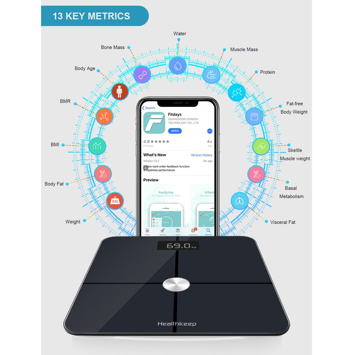 Цифрова шкала жиру в організмі, ITO, Smart with App, 180 кг, загартоване скло, 2023, Чорний