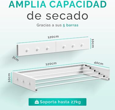 Настінний сушильник для білизни JUPPLIES, висувний, 120 см – розкладний, для дому та вулиці, з алюмінію, 30 кг, білий (з вішалками)