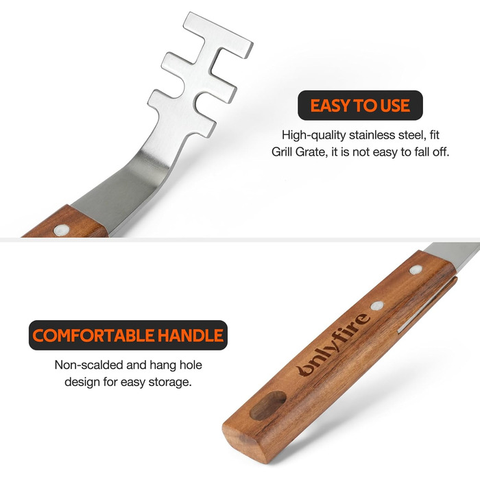 Набір гриль-посуду Onlyfire 4-в-1: щипці, лопатка, виделка, щітка з нержавіючої сталі та акації, з ручками та петлями для підвішування