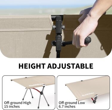 Польове ліжко Naturehike Ultralight: складане кемпінгове ліжко, витримує до 150 кг, регульована висота, бежеве