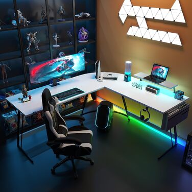 Ігровий стіл JUMMICO 130 см з LED та підставкою для монітора, кутовий, з кишенею, органайзером, великий L-подібний стіл для ПК, з кабелеуправлінням, тримачем для чашок та гачком для навушників, білий (160 x 130 см + LED)