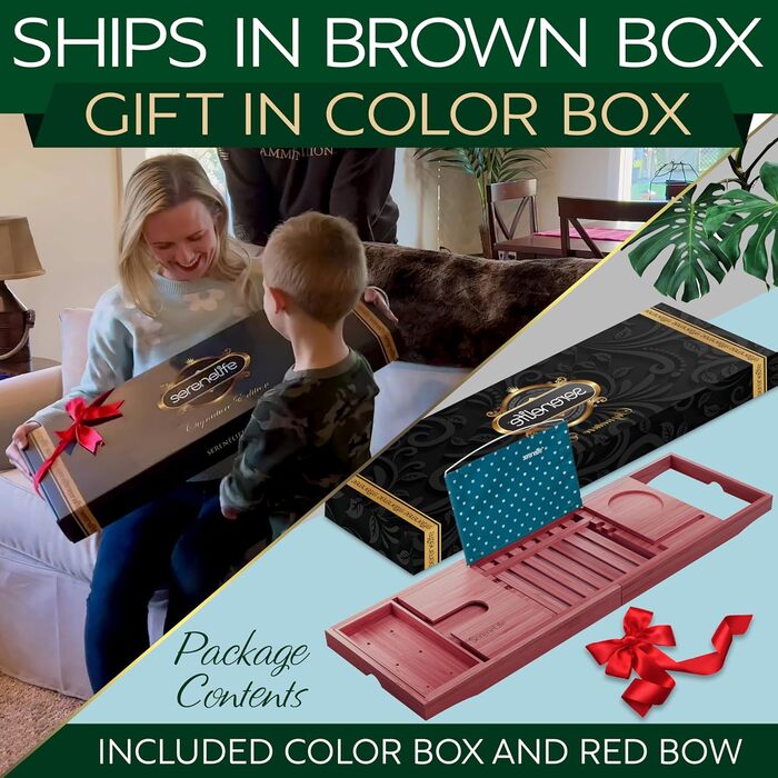 Підставка для ванни SereneLife з дерева – Розширювана підставка для ванни 70-105 см з тримачем для напоїв та книжковою підставкою (Колір: Коричневий)