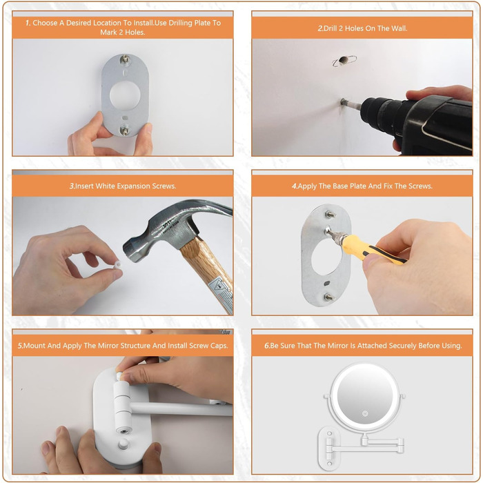 Дзеркало для макіяжу Auxmir з підсвічуванням, 1x, перезаряджуване, з підсвічуванням для гоління, настінне, з регулюванням яскравості, збільшувальне (30x), 3 кольори світла, поворотне на 360°, для ванної кімнати (білий)