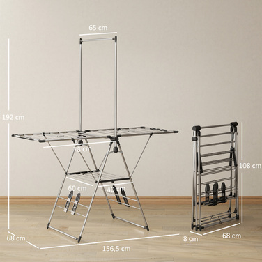 Сушилка для білизни складна, підлогова з регульованими крилами, тримачами для взуття, нержавіюча сталь, 156,5 x 68 x 192 см, срібляста