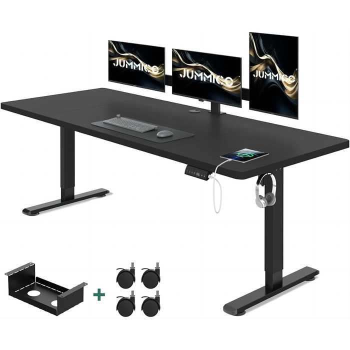 Стіл регульований по висоті 160x80см з лотком для кабелів, електрична розетка USB для стоячого столу, ергономічний стіл для сидіння-стояння на коліщатках, чорний