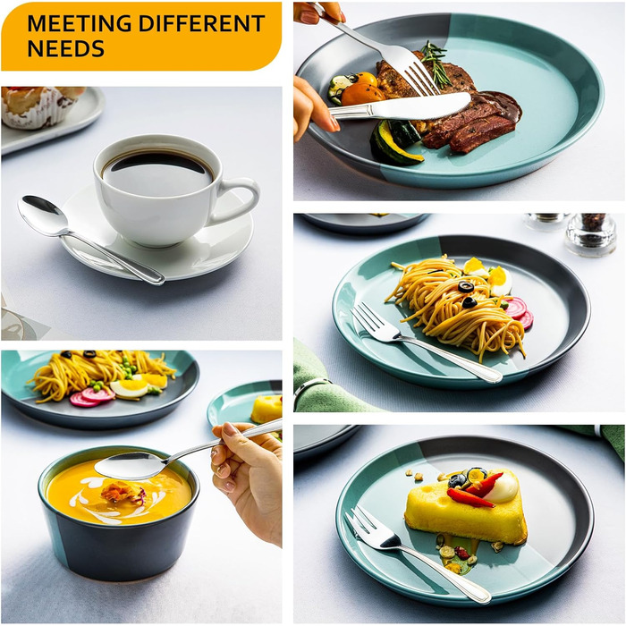 Набір столових приборів Velaze на 12 осіб (60 предметів) з нержавіючої сталі. Включає: 12 ножів, виделок, ложок, чайних ложок, виделок для тортів. Полірування, придатний для миття в посудомийній машині.