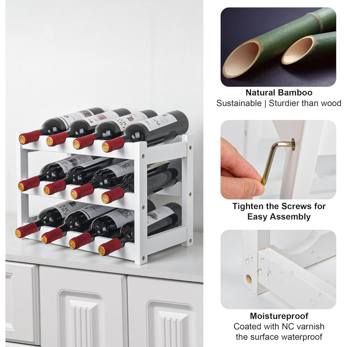 Стійка для вина VASMIA з бамбука, 3-ярусна, на 12 пляшок, для кухні/комори, білий колір