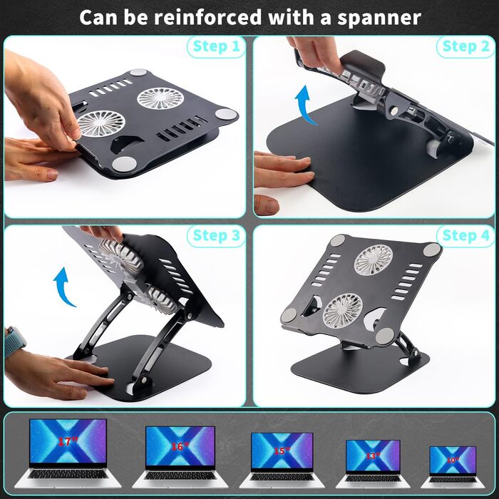 Регульована підставка для ноутбука з RGB вентилятором, складана з алюмінієвого сплаву, вентильована, ергономічна, сумісна з MacBook, 10-17'' (чорний)