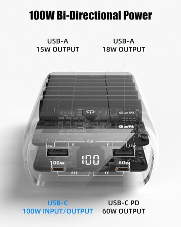 Вт, 20000 мАг Power Bank Швидка зарядка PD3.0 Зовнішній акумулятор мобільного телефону Портативний зарядний пристрій з 4 портами Цифровий дисплей X4G-Silver, 100