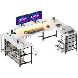 Кутовий стіл ODK з 4 шухлядами, місцем для зберігання, 2 розетками та 2 USB-портами для зарядки, з підсвічуванням LED та підставкою для монітора, 167×102 см, білий
