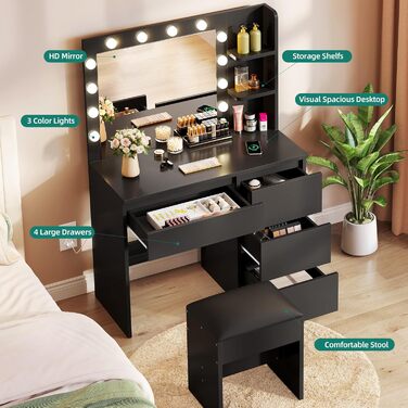 Дзеркальний туалетний столик YITAHOME з підсвічуванням та 4 шухлядами, чорний