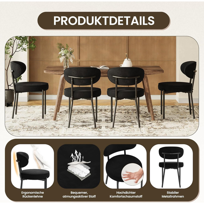 Обідні стільці COLAMY з м'яким сидінням 10 см – Сучасні стільці з плюшевої тканини Teddy, міцний металевий каркас, для кухні та вітальні, білий (чорний, набір 2 шт.)