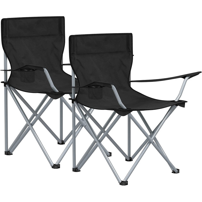 Крісло для кемпінгу, комплект з 2 шт. , розкладний стілець для вулиці, рибальське крісло з підлокітниками і підстаканником, переносне, складне, з можливістю завантаження до 120 кг, для кемпінгу, саду, пляжу, тераси, чорний GCB01BK