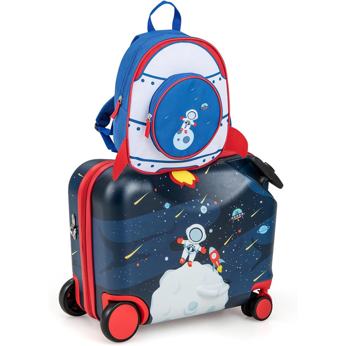 Набір дитячих дорожніх валіз SOARS, візок на колесах, 40 л, 40 л, візок на колесах 30,5 см (12 дюймів), дитячий рюкзак з ручкою та регульованими лямками, багатофункціональний, космонавти, 47 x 26,5 x