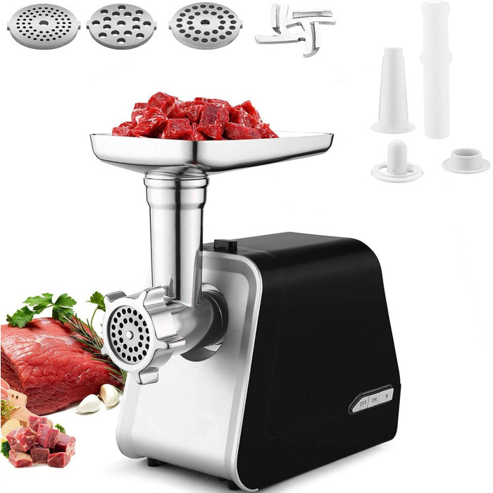 Електрична м'ясоподрібнювач з нержавіючої сталі, 2000W, з набором дисків та насадок для ковбас, чорний