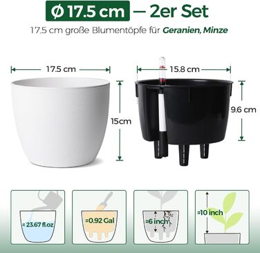 Автоматичний горщик для квітів з індикатором рівня води, 2 шт. - ідеальний вибір для зайнятих людей та початківців, підходить для монстери та розмарину, для дому та саду (білий, 17,5 см)