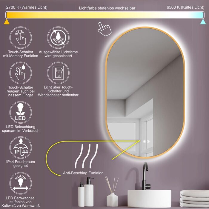 Дзеркало для ванної кімнати HOKO Design LED Turin овальне 45x75 см, рамка матовий чорний, LED підсвітка, сенсорне управління, зміна кольору світла (тепле/холодне/нейтральне), монтаж HOCH+QUER, антизапарник