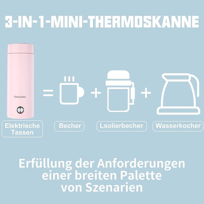 Портативна міні-нагрівальна чашка Unizooke, 400 мл, дорожній електричний чайник 220 В, вакуум 300 Вт, для приготування молока, кави, води та чаю, білий (рожевий)