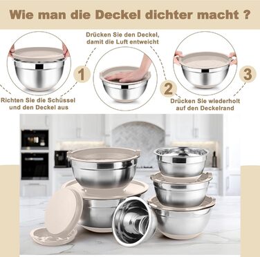 Набір мисок Onader (6 шт) з нержавіючої сталі з кришками та тертками для кухні, 4.6/2.8/2.5/1.6/1.2/0.7 л, стакові та придатні для миття в посудомийній машині, бежевий колір