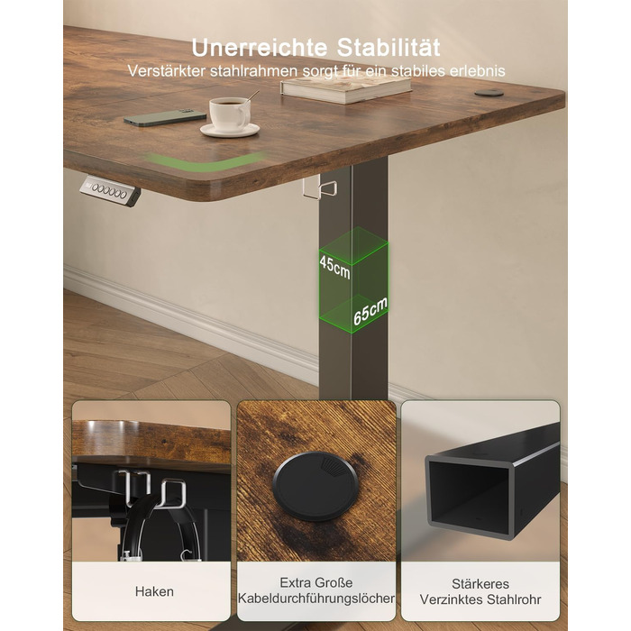 Електричний стіл JUMMICO з USB-портом, 160 x 70 см, регулювання висоти, стоячий/сидячий, коричневий