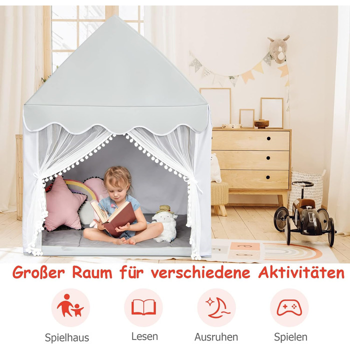 Дитячий намет DREAMADE з м'якою дахом та вікнами, дерев'яний каркас, ігровий будиночок, намет Тіпі для хлопчиків та дівчаток (сірий)