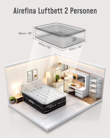 Надувне ліжко Airefina на 2 особи з самонадувною системою та вбудованим насосом, для кемпінгу та дому, міцне гостьове ліжко - 203 x 152 x 46 см