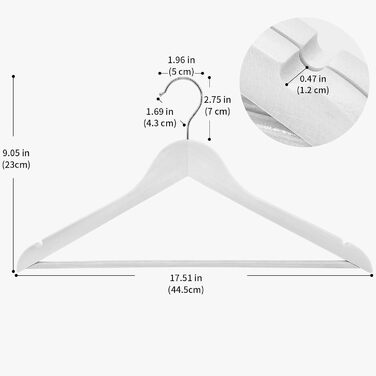Дерев'яна вішалка з нековзним містком для штанів, гачки 360, виїмки, 44,5x23 см, білий/сріблястий, 50 шт.