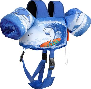 Дитячі плавальні крила Моко, мультяшний рятувальний жилет з плечовим ременем, тренувальна куртка для плавання, плавальний купальник, аксесуари для плавання з подвійною пряжкою для хлопчиків і дівчаток (для дітей 26-70 фунтів, синя акула для серфінгу)