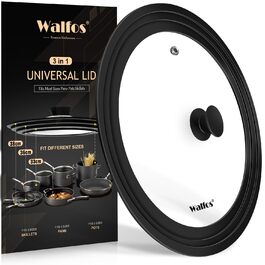 Універсальна скляна кришка для каструль та сковорід Walfos (33, 36, 38 см) з силіконовим обідком, термостійка, чорна