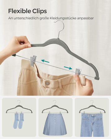Набір вешалок SONGMICS з оксамиту, 20 шт., для штанів, пальто, суконь, 42,5 см, з регульованими кліпсами, антиковзаючі, економія місця, сірі